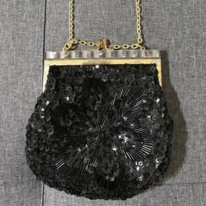 Vintage Rimco Sequin Beaded Clutch Black Chain Strap Resin Detail Made Hong Kong